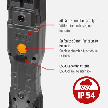 Світлодіодний акумуляторний ручний ліхтар Brennenstuhl HL 1000 A IP54 / світлодіодний робочий ліхтар для вулиці з COB LED (1000200 лм, до 24 годин світла, світлодіодний ліхтар для майстерні з магнітами та гачком, інтерфейс зарядки USB C)