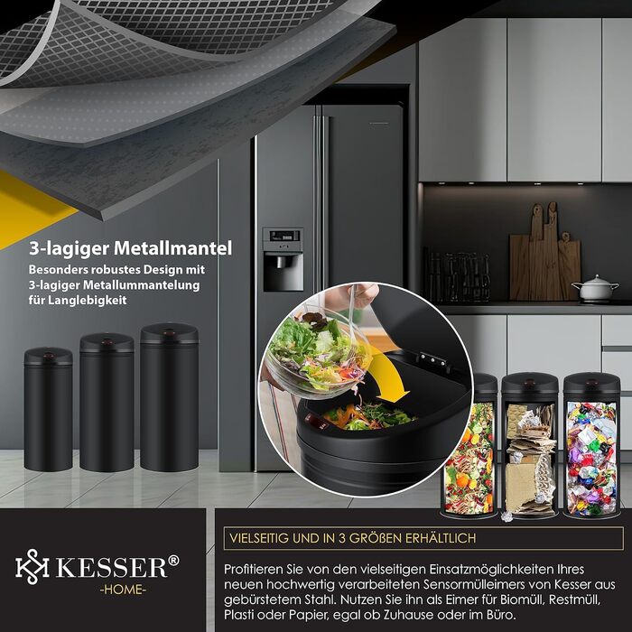 Відро для сміття KESSER Sensor Автоматичне Відро для сміття Відро для сміття Нержавіюча сталь 56 літрів ЧОРНИЙ