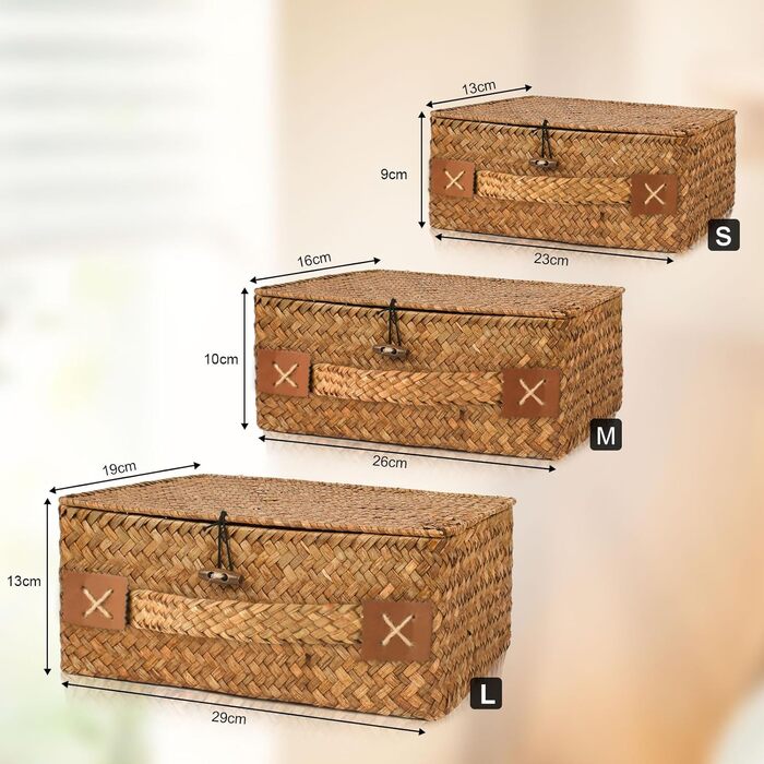 Кошик для зберігання з ротанга з кришкою, 3 шт. плетених кошиків з натуральної морської трави, багатофункціональна коробка для зберігання іграшок, косметики, туалетного паперу для ванної кімнати, велика - 3 шт. - кавового кольору