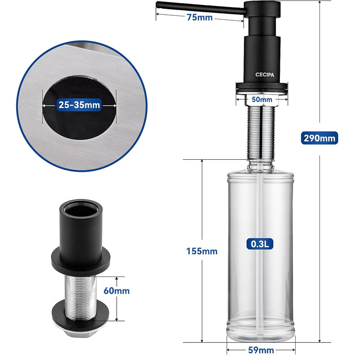 Дозатор мила кухонний вбудований, дозатор миючого засобу для раковини з пляшкою 300 мл і подовжувальним шлангом 1,2 м, мідний дозатор мила з верхнім наповненням, насос, що обертається на 360, чорний