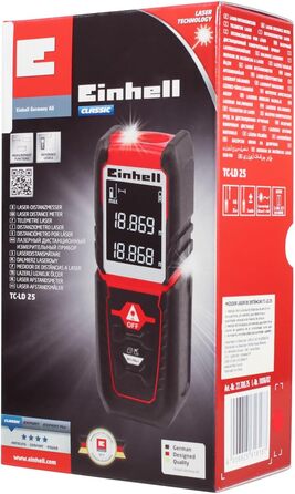 Лазерний далекомір Einhell TC-LD 25 (до 25 м, вибір базової точки вимірювання, безперервний режим, автовимкнення, функція безпеки, з чохлом)