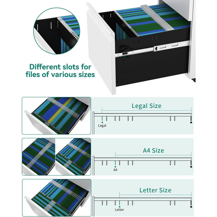 Шафа для файлів на колесах із 2 шухлядами, що замикаються, мобільна шафа для документів на колесах для формату A4, Legal, Letter, металева офісна шафа для домашнього офісу, підвісна система файлів, біла, 51 x 39 x 71 см