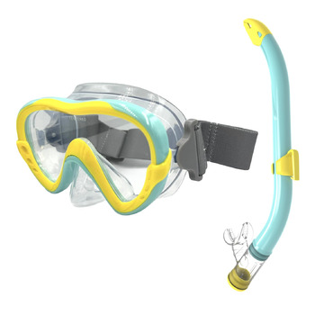 Набір для сноркелінгу EasyDive, дитяча маска для сноркелінгу з гумкою, протитуманна маска для дайвінгу, окуляри для дайвінгу з сухого силіконового матеріалу, набір для сноркелінгу для хлопчиків та дівчаток, тропічні острови - зелений/жовтий