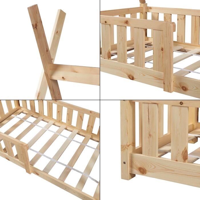 Дитяче ліжко Helsingborg 70 x 140 см із захистом від падіння, рейкова основа, намет-вігвам, дитяче ліжко, каркас ліжка, соснове дерево, дерев&39яне ліжко для дітей, кольори дерева
