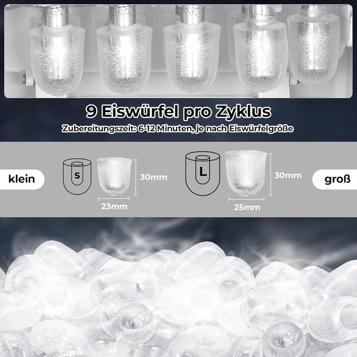 Машина для виробництва кубиків льоду, льодогенератор з нержавіючої сталі, 9 кубиків льоду за 6 хвилин, 12 кг/24 години, 2 розміри кубиків льоду, тихі машини для льоду з портативною ручкою та самоочищенням, для кухні, офісу, бару та вечірки
