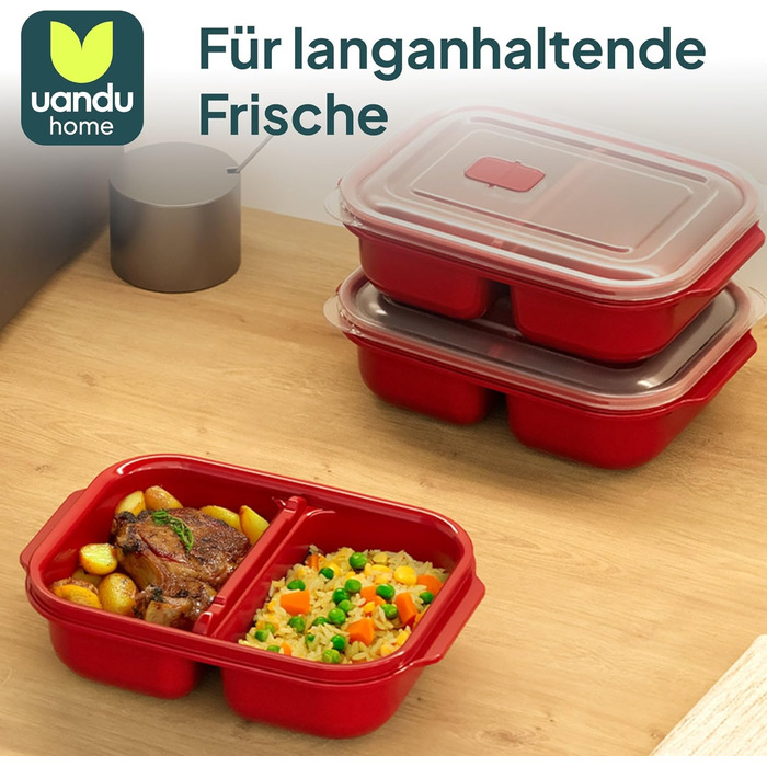 Контейнери для зберігання продуктів uandu з кришками, 2 відділення, набір з 3 предметів для мікрохвильової печі, герметичні контейнери для зберігання продуктів, коробки для приготування їжі, пластикові коробки без BPA з кришками, червоні, 3 x 1200 мл