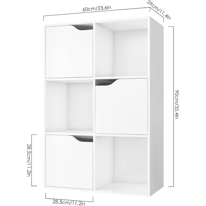 Книжкова полиця FirFurd, біла полиця, книжкова шафа з 3 дверцятами, полиця для зберігання з 6 відділеннями, офісна полиця для вітальні, кабінету, дитячої кімнати, 60 x 29 x 90 см