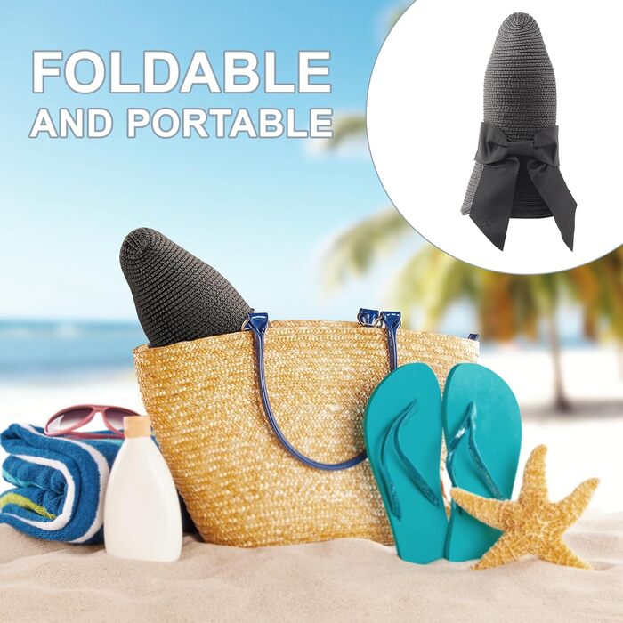 Жіночий сонцезахисний капелюх, дорожній, складний пляжний сонцезахисний капелюх Fedora, літній солом&39яний капелюх із широкими полями та бантом, захист від сонця UPF 50, 1 упаковка, солом&39яний капелюх із бантом чорний