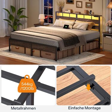 Ліжко HOOBRO 180 x 200 з рейковою основою, двоспальне ліжко з узголів&39ям, світлодіодне освітлення, зарядна станція (2AC, 2USB-A), каркас ліжка 180 x 200 см, металеве ліжко для спальні/гостьової кімнати, антрацит EBC80CDBF01 180 x 200 x 103 см