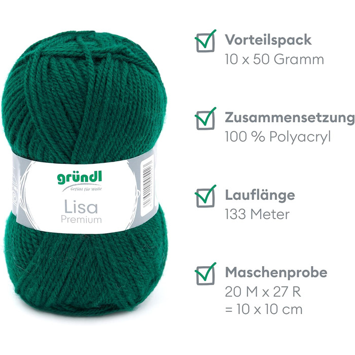 Пряжа Grndl Lisa Premium Uni Knitting & Chet Yarn (м'яка і схожа на шерсть, проста в догляді миється трикотажна пряжа з 100 поліакрилу, 50 г/ 133 м, розмір голки 3,5 - 4,5, 10 клубків по 50 г кожен), (ялиновий зелений)