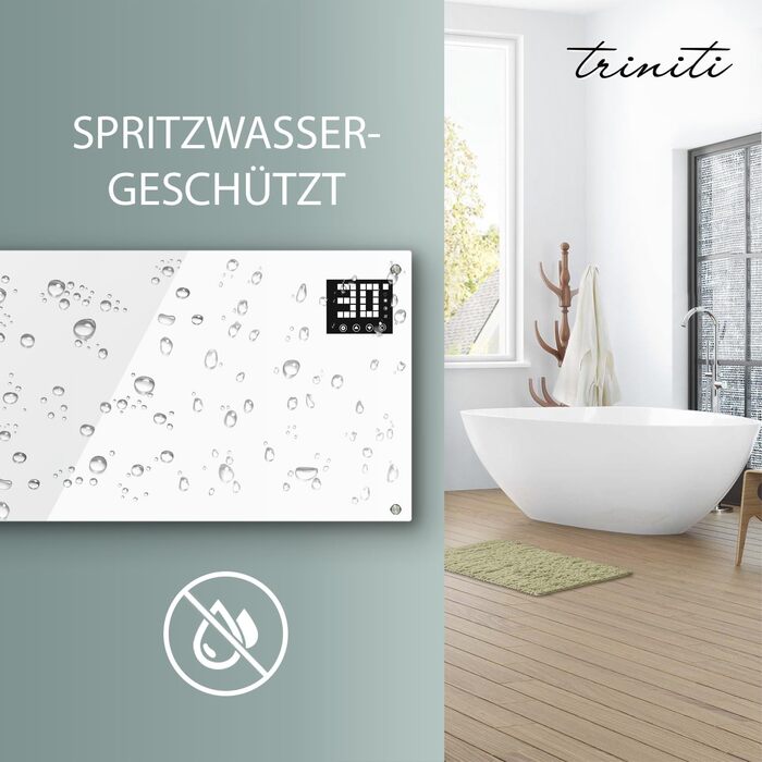 Електричний обігрівач TRINITI, конвекторний обігрівач з термостатом до 2000 Вт, елегантне загартоване скло, світлодіодний дисплей, таймер, тонкий та тихий, захист від перекидання та перегріву, коліщатка, настінний, БІЛИЙ