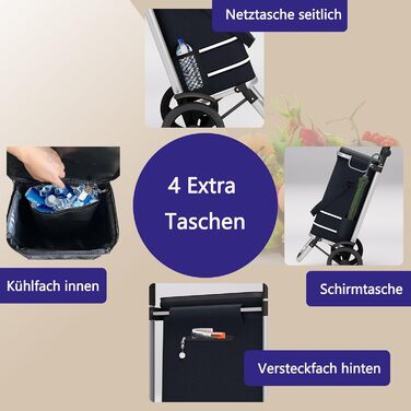 Великий візок для покупок 64л, складаний візок-сумка на колесах, вантажопідйомність до 60кг, візок з термовідсіком, візок з відбивачем, ручний візок з чіпом для покупок, Чорний