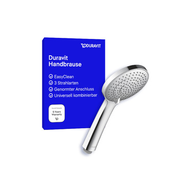 Душова лійка Duravit Universal, ручна душова насадка з 3 режимами струменя (Дощ, Інтенсивний дощ, Мякий дощ), кругла (діаметр 110 мм), легко очищується, хромована. Перемикання режимів поворотний механізм.