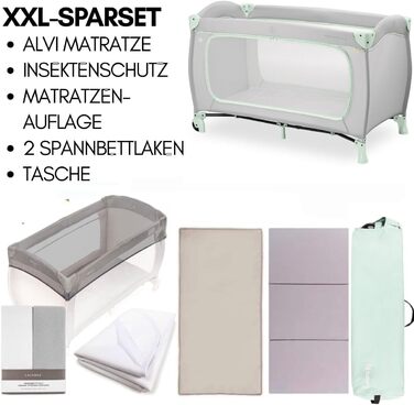 Комплект дитячого ліжечка Hauck Sleep N Play Go Plus XXL вкл. матрац, простирадло на резинці, сітку від комах та водонепроникну підкладку складне дитяче ліжечко кольору Dusty Mint