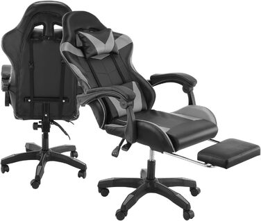 Ігрове крісло, комп&39ютерне крісло з підставкою для ніг та поперековою подушкою, ергономічне гоночне ігрове крісло з регульованим підголівником, офісне крісло, ігрове крісло вантажопідйомністю 150 кг (чорно-сіре).