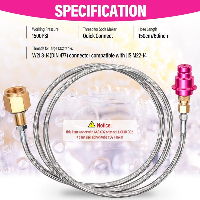 Шланг високого тиску Fioay CO2 Quick-Adapter 1,5 м, CO2 Quick-Connect, сумісний з Duo/Terra/Art/E-Duo/Crystal 3.0/Gaia Soda, W21.8-14 (DIN 477) для більшого бака CO2, F-QC-H