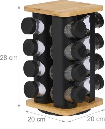 Карусель для спецій Relaxdays, 16 банок для спецій, обертається на 360, нержавіюча сталь, бамбук, скло, ВxШxГ 28 x 20 x 20 см, чорний/натуральний