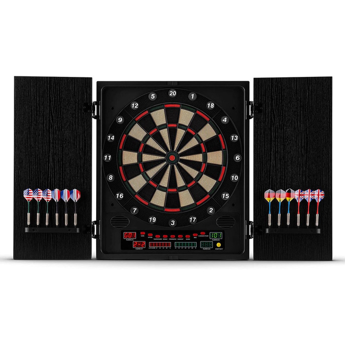 Електронний дартс oneConcept Dartmaster 180, E-Darts, Мішень для гри в дартс до 8 гравців, віртуальний суперник, світлодіодні дисплеї, 12 чорних дротиків з малюнком