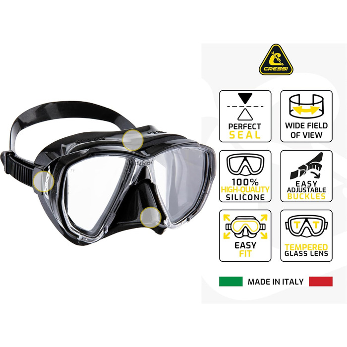 Набір для підводного плавання Cressi Big Eyes Seal Dry Snorkel Set для дорослих, преміальна маска для дайвінгу з панорамним видом, силіконове ущільнення, запатентовані лінзи для огляду вниз та суха трубка для легкого дихання, один розмір, чорний/чорний