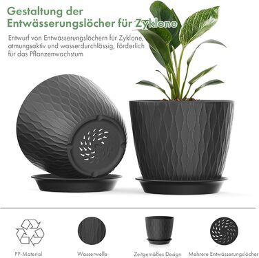 Набір з 5 квіткових горщиків із системою поливу, горщики для рослин 17,8 см із системою поливу, кашпо з блюдцем, набір квіткових горщиків, ідеально підходить для кімнатних та балконних садів, чорний 7 дюймів