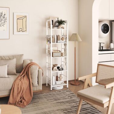 Окремостояча полиця, книжкова полиця, полиця для зберігання з 5 рівнями, 8 S-подібних гачків, металевий каркас, мінімалістичний стиль, органайзер для вітальні, домашнього офісу, спальні, ванної кімнати, білий HBC055W 146 см білий