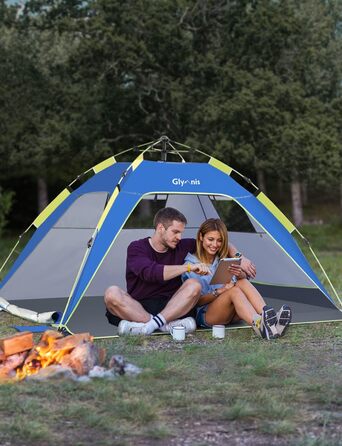 Пляжний намет Glymnis Quick Up, автоматичний пляжний намет із дверима на блискавці, захист від ультрафіолету 50, вітрозахисний, невеликий розмір у упаковці, пляжний намет для 3-4 осіб, синій