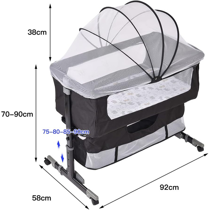 Дитяча колиска LANTUS, люлька, дорожнє ліжечко, складне дитяче ліжечко, бічне ліжко, колиска-гойдалка з функцією гойдання, включаючи москітну сітку, матрац та сумку (92 * 58 * 70-90 см (чорна))