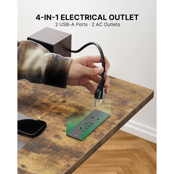 Стіл Marsail для роботи стоячи, регульований по висоті, з електричною розеткою 10,2 см, L-подібний електричний стіл для роботи стоячи з гачком для навушників, стіл для роботи стоячи для домашнього офісу, стабільна робоча станція для письма, рустикальний д