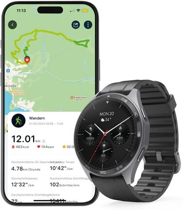 Розумний годинник Hama (кольоровий AMOLED-дисплей 1,43 дюйма, GPS, функція телефону, водонепроникний, WhatsApp, голосовий помічник, трекер сну, 110 спортивних режимів плани тренувань, крокомір, пульсометр, калорії тощо) чорний