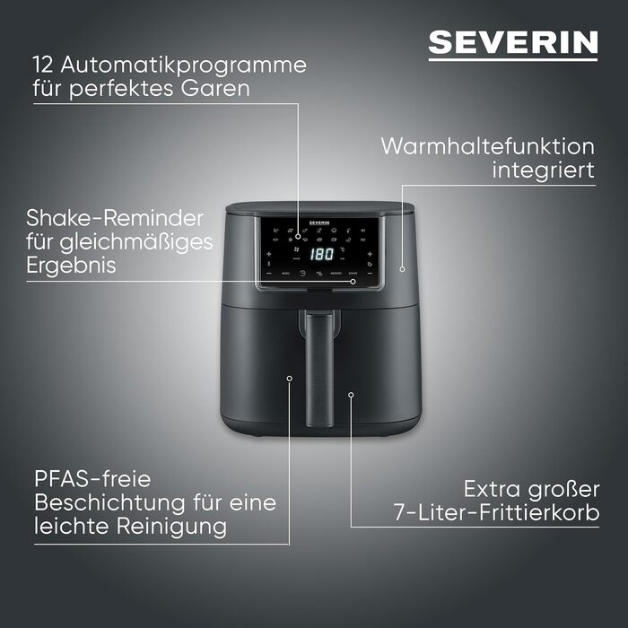 Аерофритюрниця Severin FryLight FR 2462 Single XXL, 7 л, 11 автопрограм, сенсорний дисплей, функція пам'яті та підігріву, антипригарне покриття, 1700 Вт, чорна