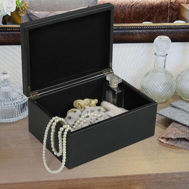 Декоративна скринька HofferRuffer зі штучної шкіри, велика дерев&39яна конструкція, скринька для сувенірів, органайзер для аксесуарів, органайзер для ювелірних виробів з відкидною кришкою, контейнер для зберігання для дому або офісу (чорний)