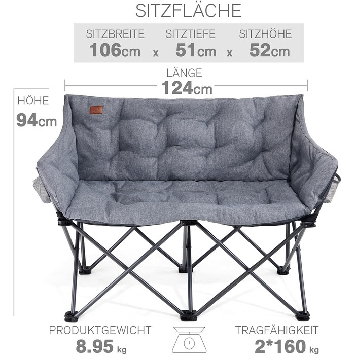 Складаний кемпінговий стілець EVER ADVANCED, ширина 124 см, кемпінговий диван для 2 осіб, розкладний диван, вантажопідйомність 320 кг, товсто м&39який кемпінговий диван, розкладний стілець XXL, 2-місний, висока спинка для саду на свіжому повітрі, балкону,