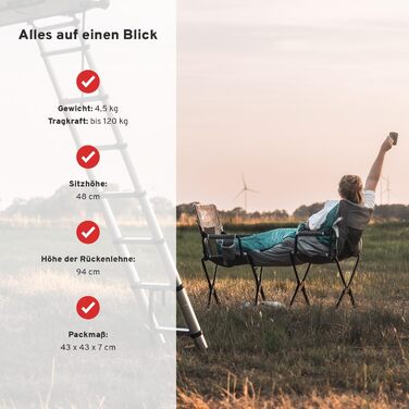 Кемпінгове крісло CAMPWERK, легке та компактне, зі спинкою, вбудованими підлокітниками та підсклянником, компактне, стійке до бруду та води, складане, для всіх видів активного відпочинку на свіжому повітрі, сіре