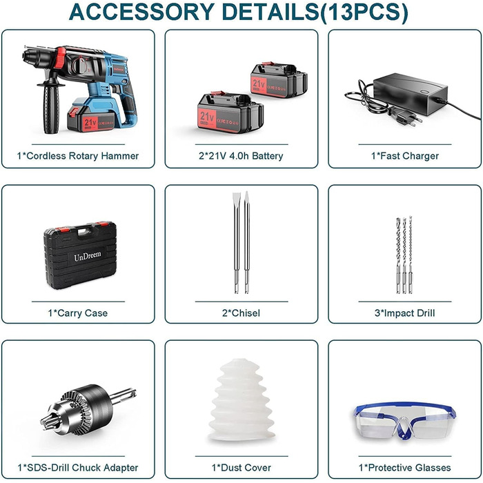 Акумуляторний перфоратор 21V 4000mAh запасний акумулятор, адаптер SDS-plus (з патроном для свердла, для перфораторів), функції 4 в 1, 3 свердла, 2 зубила, Підходить для бетону, цегляної кладки, стін