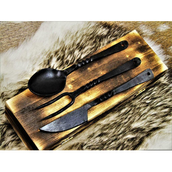 Середньовічний набір столових приборів, кована сталь ручної роботи, ніж, виделка, ложка 4261