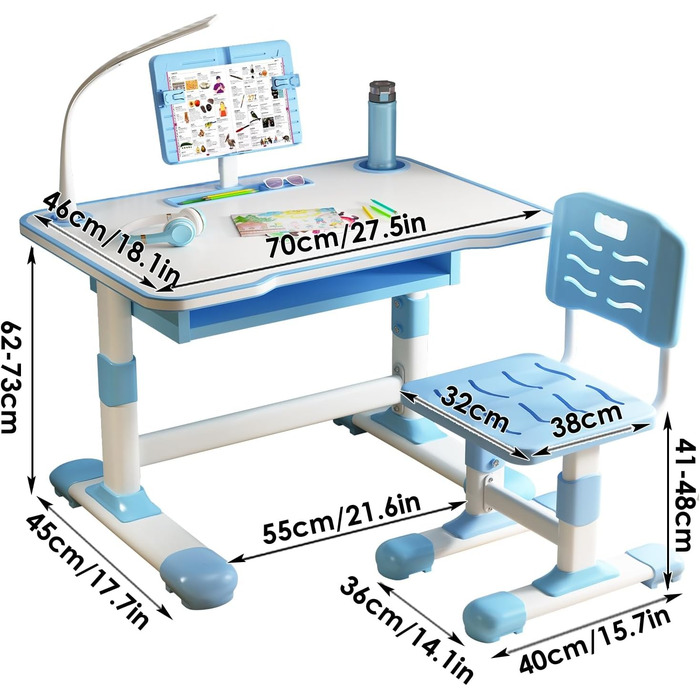 Комплект дитячих стільців для навчання, регульована висота, дитячий настільний комплект з похилою підставкою для читання, світлодіодна настільна лампа, ергономічне робоче крісло з великою дошкою для письма, синій колір