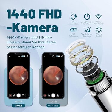 Отоскоп для видалення вушної сірки, камера для чищення вух AMDXD WiFi 8MP HD вушна камера IP4 Водонепроникний вушний отоскоп, камера отоскопа з широким кутом огляду 360, 6 світлодіодів для iPhone, iPad і смартфонів Android, чорний