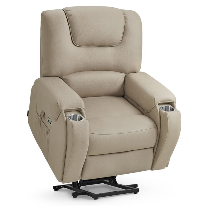 Електричне крісло-реклайнер для телевізора з підйомником, масажем та підігрівом, крісло-реклайнер з функцією нахилу на 145, подушка сидіння з піни 35D, приховані підставки для чашок 7252 (мікрофібра, бежево-коричневий) Бежево-коричнева мікрофібра