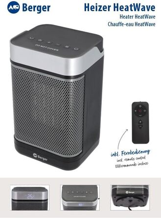Керамічний вентилятор-обігрівач BERGER HeatWave з пультом дистанційного керування Тихий портативний обігрівач для кемпінгу, майстерні, офісу, ванної кімнати Швидко нагрівається за 3 секунди 3 режими нагріву Енергозберігаючий та безпечний