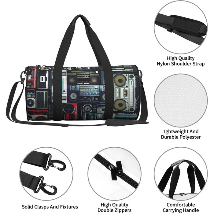 Спортивна сумка, дорожня сумка, вінтажний стиль, принт Радіостіна, сумка на нічліг, чорна, універсальний розмір, сумка для подорожей