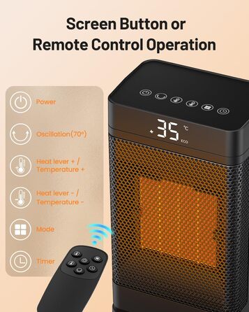 Портативний вентилятор-обігрівач потужністю 1500 Вт, енергозберігаючий електричний обігрівач з 3 швидкостями та екорежимом, тихий (35 дБ), компактний та швидкий нагрів за 2 секунди, захист від перегріву, поворотна конструкція для вітальні, офісу, ванної к