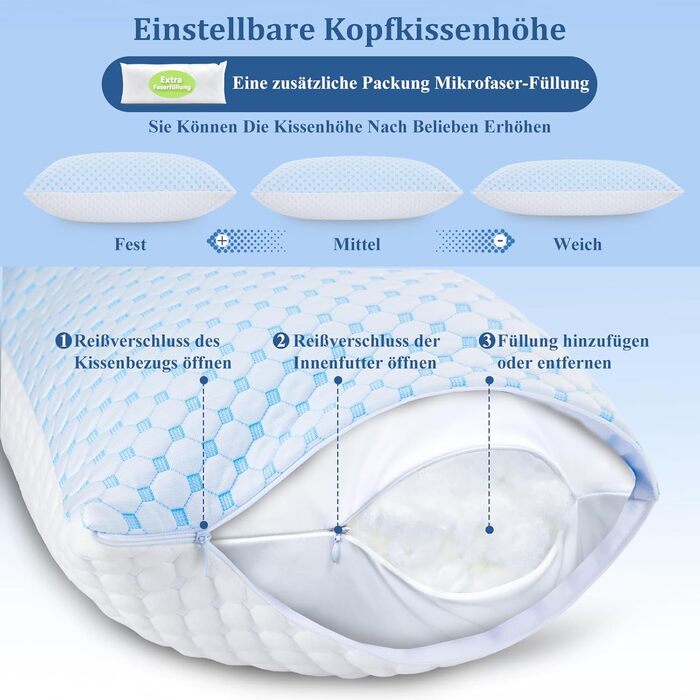 Подушки 40x80, 2 шт. - Подушка з мікрофібри, м&39яка та дихаюча для алергіків, регульована по висоті подушка для сну на боці, спині та животі, ергономічна подушка від болю в шиї, 40x80 см, небесно-блакитний, 2 шт.