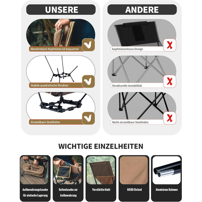 Крісло для кемпінгу OneTigris DRAGONHIDE, висока спинка, складне, вантажопідйомність 125 кг, легке складне кемпінгове крісло, складне рибальське крісло з 2 боковими кишенями, надлегке складне крісло для використання на свіжому повітрі, для походів, коричн