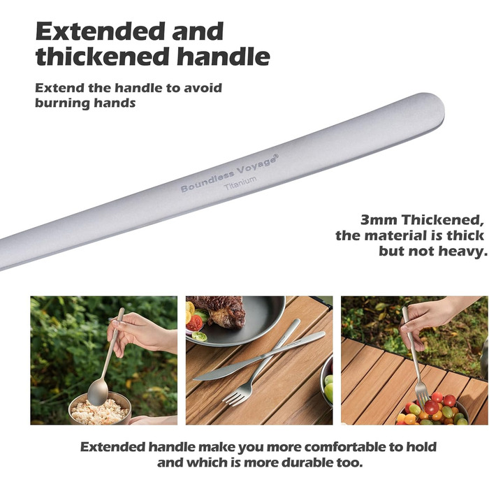 Набір титанових столових приборів для кемпінгу, вулиці з довгою ручкою, ложка, виделка, ніж, універсальний металевий посуд, щоденне використання, дорожнє начиння Ti1055T Ti1055t Набір ложок, виделок та ножів