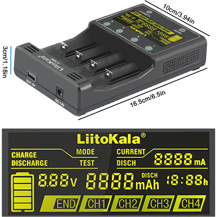 Зарядний пристрій LiitoKala Lii-500S для акумуляторів 18650, швидкий зарядний пристрій з РК-дисплеєм та сенсорним керуванням, зарядний пристрій на 4 слоти для акумуляторів типу АА з адаптером 12 В 3 А для літій-іонних, AA, AAA, Ni-MH, Ni-CD акумуляторів 1