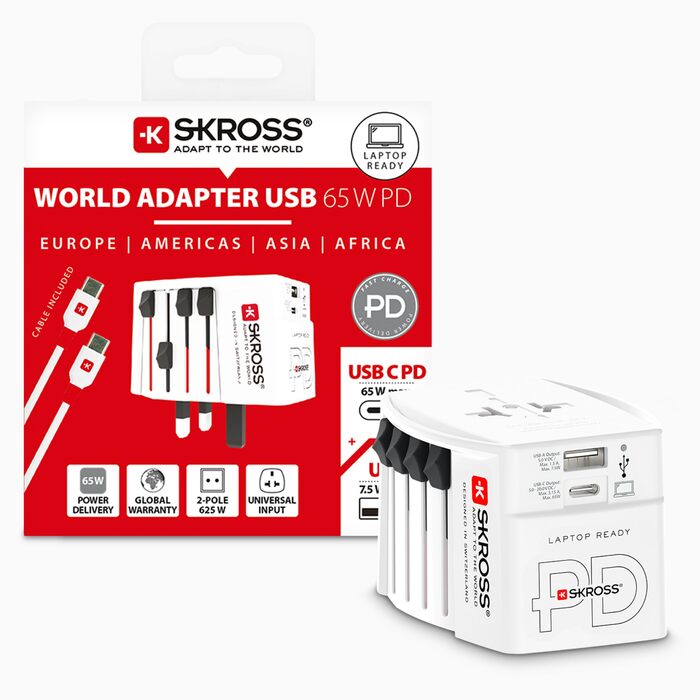Універсальний дорожній адаптер SKROSS (2-полюсний) з портами USB-A та USB-C, компактний перехідник для ноутбуків із кабелем USB-C