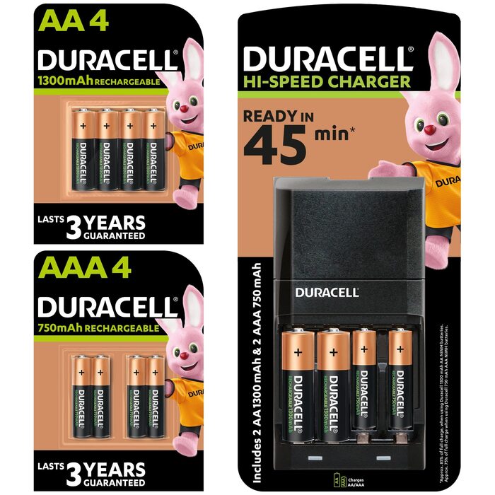 Зарядний пристрій Duracell з 6 батарейками типу AA та 6 батарейками типу AAA, 45 хвилин заряду