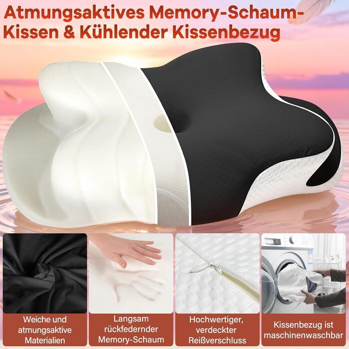 Подушка для шиї - Подушка з піни з ефектом пам&39яті - Подушка для зняття болю в шиї - Ергономічна подушка для сну на боці - Подушка для підтримки шиї для сну на боці, спині та животі - Чорна