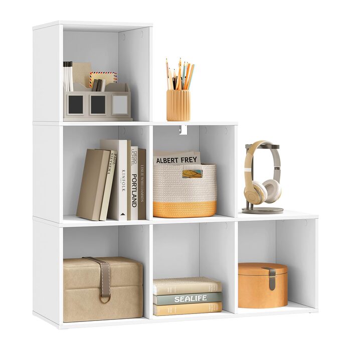 Книжкова полиця WOLTU з 6 відділеннями, кубічна полиця, полиця для сходів, полиця-сходинка, полиця-стояча полиця, для вітальні, спальні, дитячої кімнати, офісу, біла, 90,5x90,5x30 см, SK061ws Біла 6 відділень (30Г x 90,5Ш x 90,5В см)
