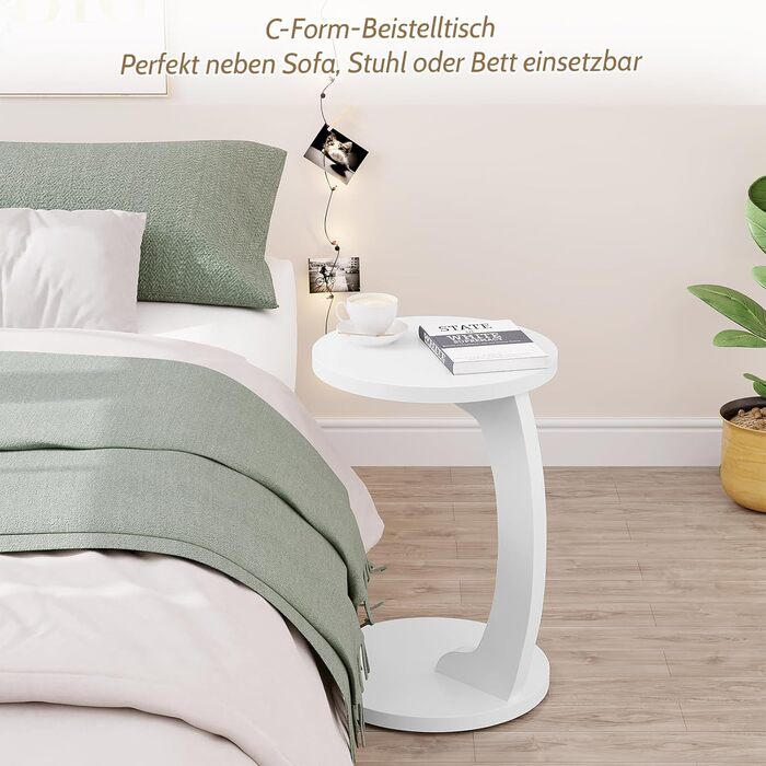 Журнальний столик WOLTU C-подібної форми, круглий журнальний столик, столик для дивана, стіл для вітальні, приставний столик, маленький столик для дивана, дивана, ліжка, виготовлений з МДФ, 38xH55 см, білий, BTS20ws